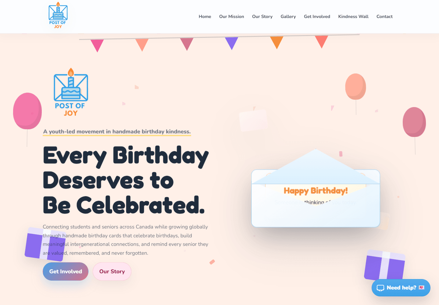 Post of Joy desktop website with its birthday-card initiative