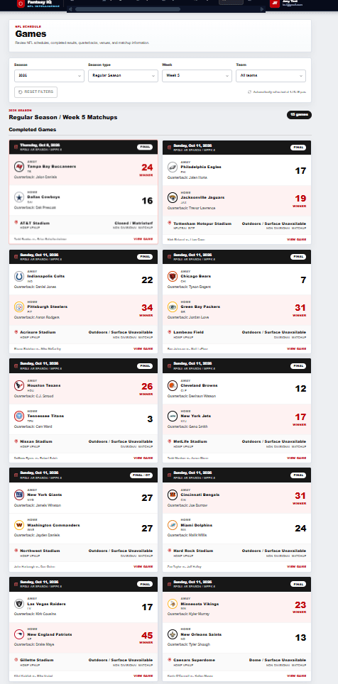 Fantasy IQ games screen with season, week, and team filters, game scores, quarterbacks, venues, and weather context