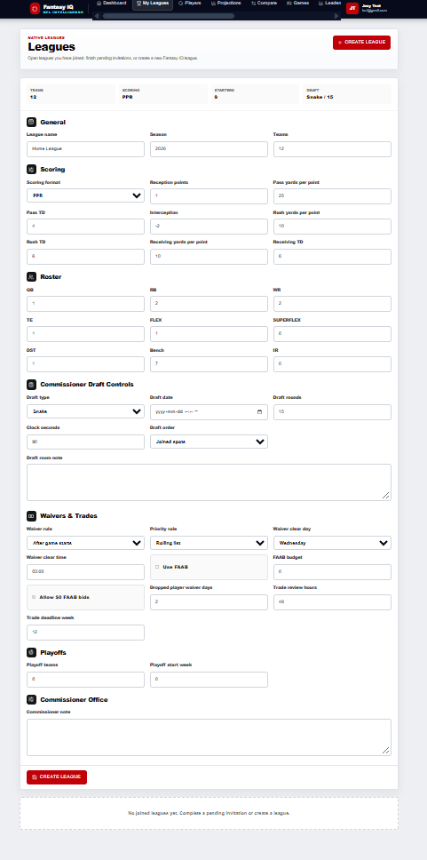 Fantasy IQ league form with scoring, roster positions, draft controls, waivers, trades, playoffs, and commissioner settings