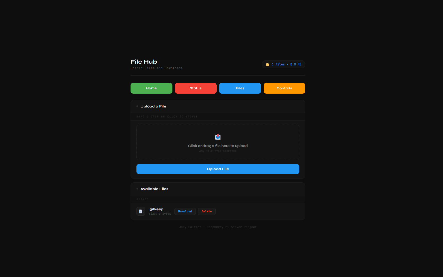 File upload, download, and delete interface with a sample .gitkeep file