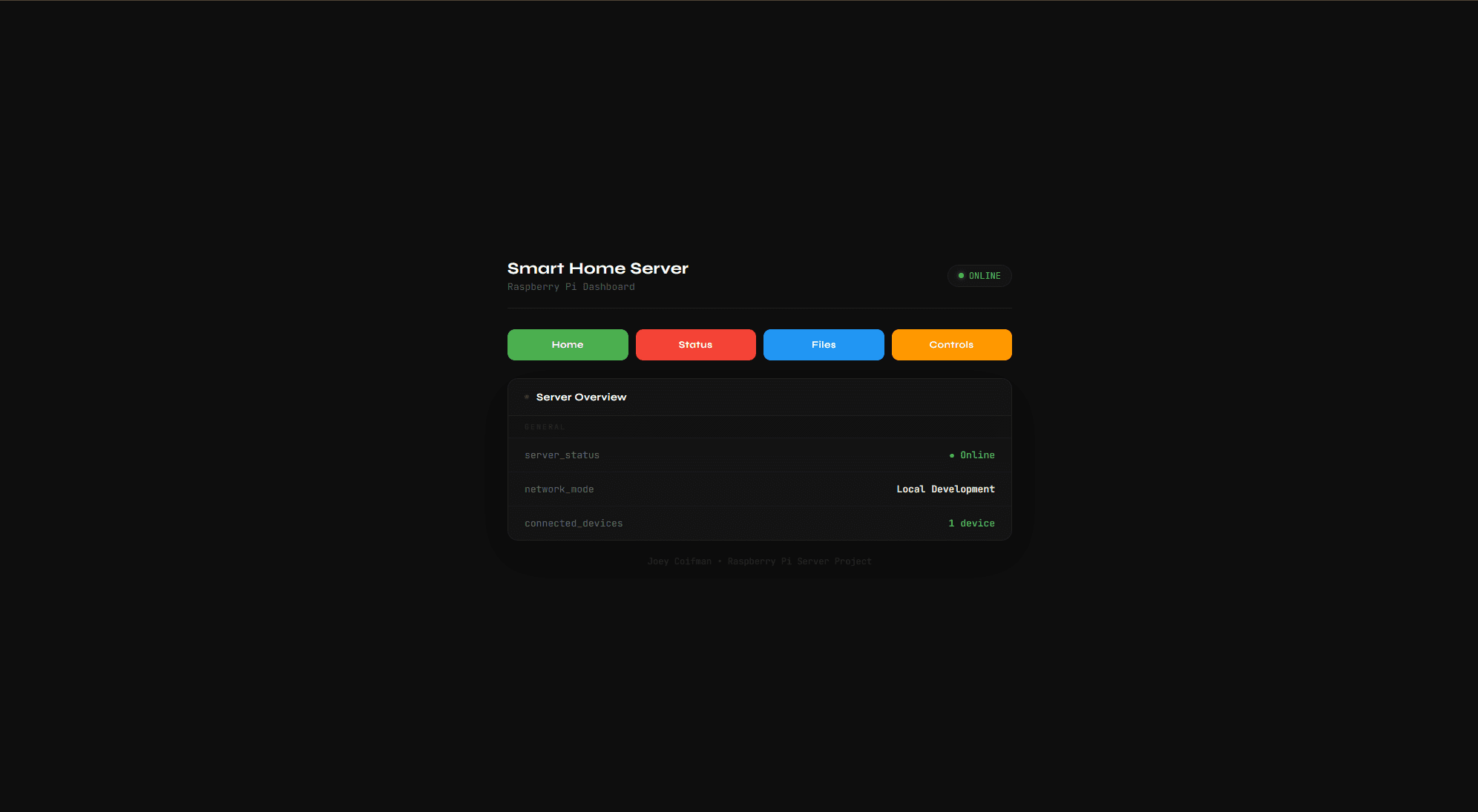 Smart Home Server dashboard linking to status, files, and controls